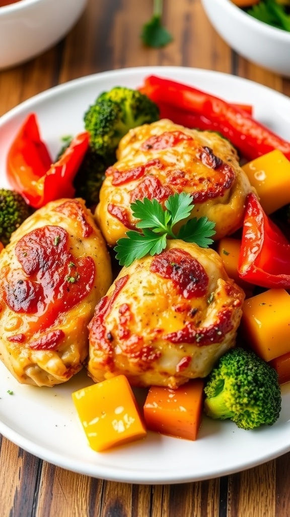 Budget-Friendly Air Fryer Chicken and Vegetables Air fryer chicken thighs with roasted bell peppers and broccoli on a plate, garnished with parsley.